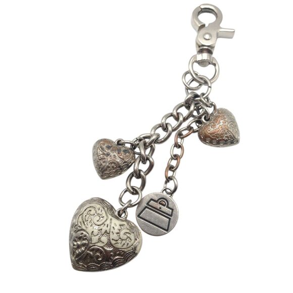 Vintage Kathy Van Zeeland Silver Tone Filigree Heart Keychain Purse Bag Charm - Picture 1 of 9